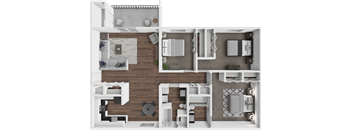 A 3D floor plan of a house showing the layout of the rooms.