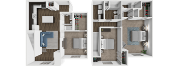 A split image of a room with a desk and a bed.
