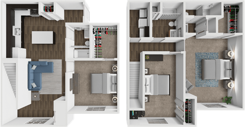 A split image of a room with a desk and a bed.