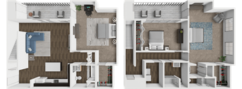 A floor plan of a two-story house with a living room, kitchen, and bathrooms.