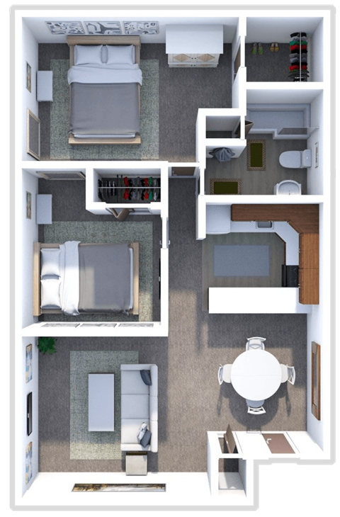 2 bed 1 bath floor plan at Arbor Arms Apartments