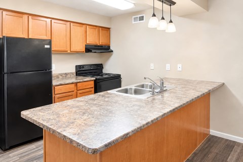 A kitchen with a black fridge and wooden cabinets.