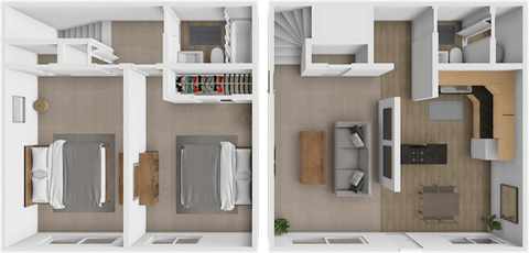 two layouts of a living room with a bedroom and a closet