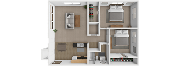 a rendering of a 3d floor plan with a bedroom and a bathroom