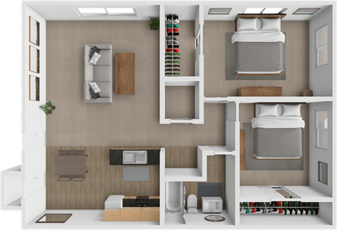 a rendering of a 3d floor plan with a bedroom and a bathroom