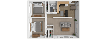 a 3d rendering of a bedroom with a closet and a bathroom