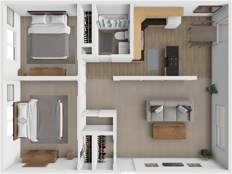 a 3d rendering of a bedroom with a closet and a bathroom