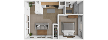 a 3d rendering of a bedroom with a bathroom and a closet