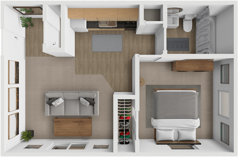 a 3d rendering of a bedroom with a bathroom and a closet