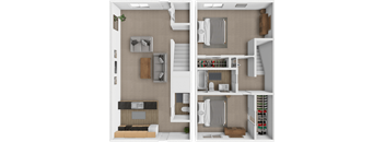 a rendering of a 3d floor plan with a bedroom and a living room