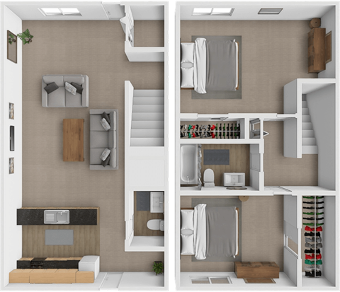a rendering of a 3d floor plan with a bedroom and a living room