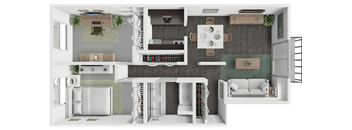 A 3D rendered floor plan of a 1 bedroom apartment with office area