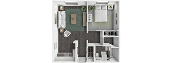 A top-down view of a 1 bedroom 1 bathroom apartment