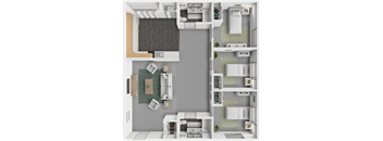 A 3D floor plan of a 3 bedroom 2 bathroom apartment at arcadia grove