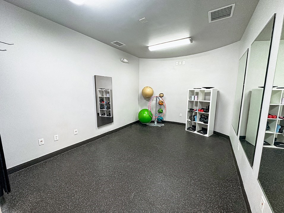 a room with a ball and mirrors on the wall for Yoga