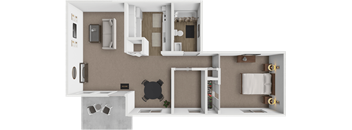 A top-down view of a small apartment with a kitchen, living room, and bathroom.