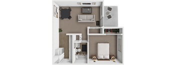 A 3D rendered image of a small apartment layout with a bedroom, living room, and kitchen.