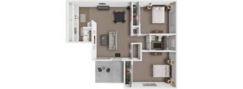 A top-down view of a small apartment with a kitchen, living room, and bathroom.