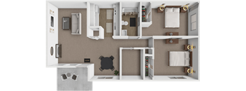 A 3D rendered image of a modern apartment layout.