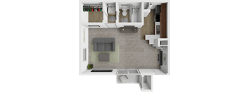 A 3D floor plan of a house showing a living room, kitchen, and bathroom.