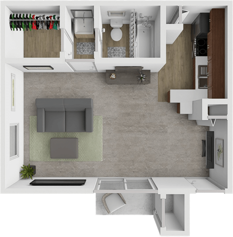 A 3D floor plan of a house showing a living room, kitchen, and bathroom.
