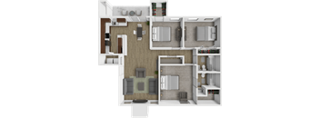 A 3D floor plan of a house with a living room, kitchen, dining room, and bathrooms.