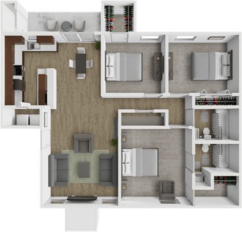 A 3D floor plan of a house with a living room, kitchen, dining room, and bathrooms.
