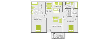 2 bedroom 2 bathroom floor plan at Afton Oaks Apartments