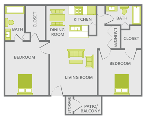 2 bedroom 2 bathroom floor plan at Afton Oaks Apartments