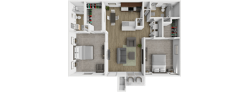 A top-down view of a modern apartment layout with a kitchen, living room, and bathroom.