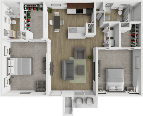 A top-down view of a modern apartment layout with a kitchen, living room, and bathroom.