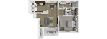 A 3D floor plan of a house showing a kitchen, living room, and bathroom.