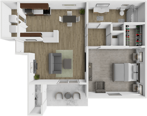 A 3D floor plan of a house showing a kitchen, living room, and bathroom.