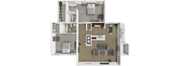 A top-down view of a two-bedroom apartment with a living room, kitchen, and bathroom.