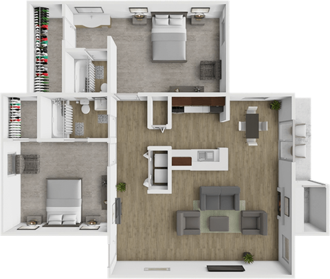 A top-down view of a two-bedroom apartment with a living room, kitchen, and bathroom.