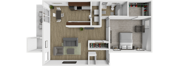 A 3D rendered image of a modern kitchen and living room.