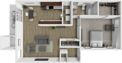 A 3D rendered image of a modern kitchen and living room.