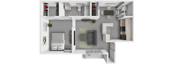 A modern, white-walled apartment with a kitchen, living room, and bathroom.