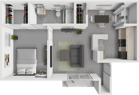 A modern, white-walled apartment with a kitchen, living room, and bathroom.
