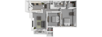 A top-down view of a modern apartment layout with a kitchen, living room, and bedrooms.