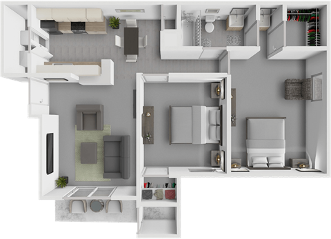 A top-down view of a modern apartment layout with a kitchen, living room, and bedrooms.