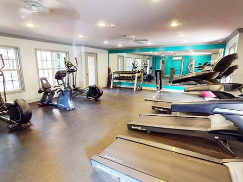 A home gym with treadmills, elliptical machines, and other exercise equipment.