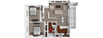 A 3D floor plan of a house with two bedrooms, a living room, a kitchen, and a bathroom.