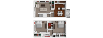 A top-down and bottom-up view of a small apartment layout with a living room, kitchen, and bedroom.