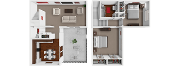 A 3D floor plan of a house showing the layout of the rooms.