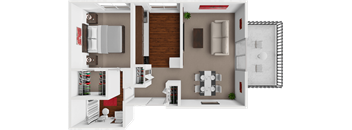A 3D rendered image of a modern apartment layout.