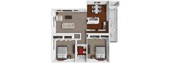 A 3D floor plan of a house showing a living room, dining area, kitchen, and bedrooms.