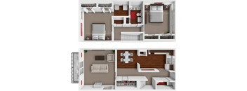 A top-down view of a two-story apartment with a living room, kitchen, and bedrooms.