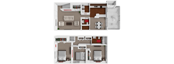 A 3D floor plan of a two-bedroom apartment with a living room, kitchen, and bathroom.