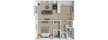 A 3D rendered image of a small apartment with a kitchen, living room, and bathroom.